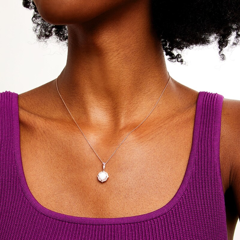 Main Image 2 of Cushion-Cut Lab-Created Opal, Pink Lab-Created Sapphire and 1/5 CT. T.W. Diamond Floral Drop Pendant in 10K Rose Gold