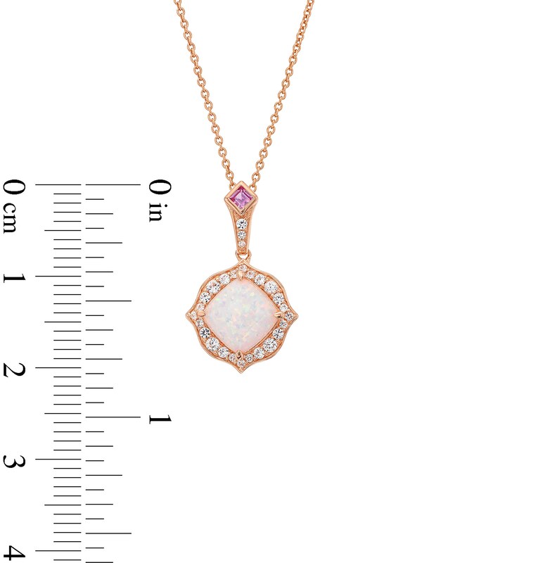 Main Image 3 of Cushion-Cut Lab-Created Opal, Pink Lab-Created Sapphire and 1/5 CT. T.W. Diamond Floral Drop Pendant in 10K Rose Gold