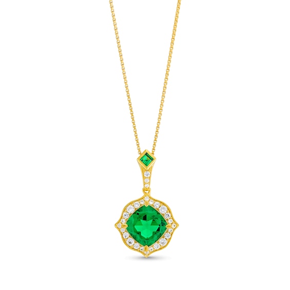 Cushion-Cut Lab-Created Emerald and 1/5 CT. T.w. Diamond Floral Drop Pendant in Sterling Silver with 14K Gold Plate