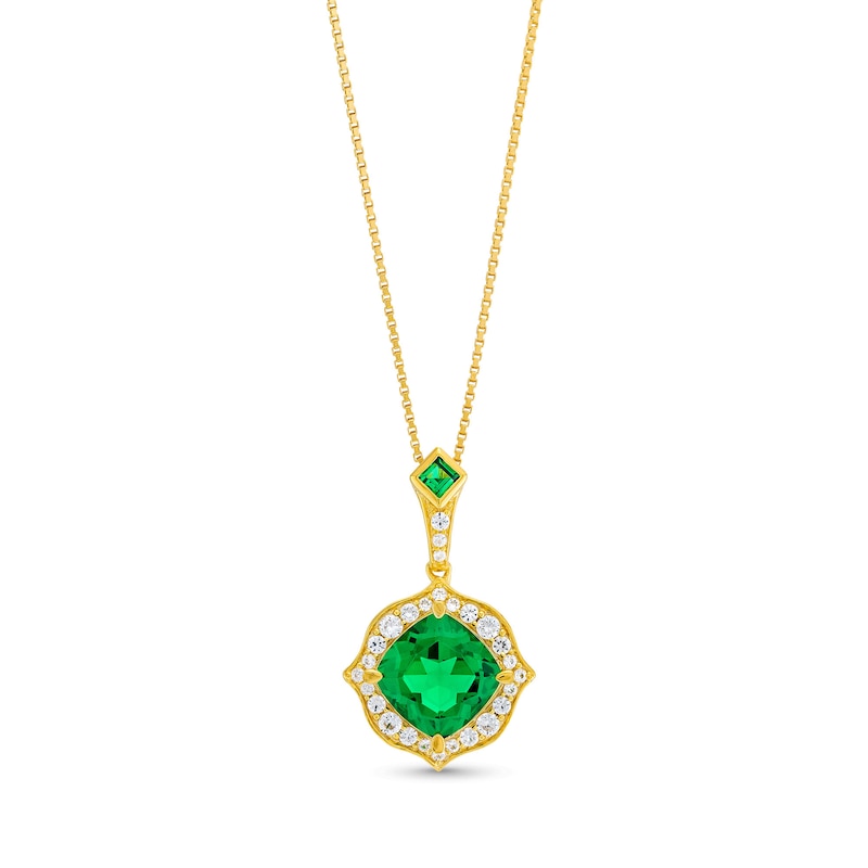 Cushion-Cut Lab-Created Emerald and 1/5 CT. T.W. Diamond Floral Drop Pendant in Sterling Silver with 14K Gold Plate