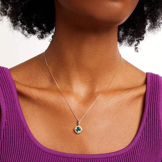 Cushion-Cut Lab-Created Emerald and 1/5 CT. T.w. Diamond Floral Drop Pendant in Sterling Silver with 14K Gold Plate