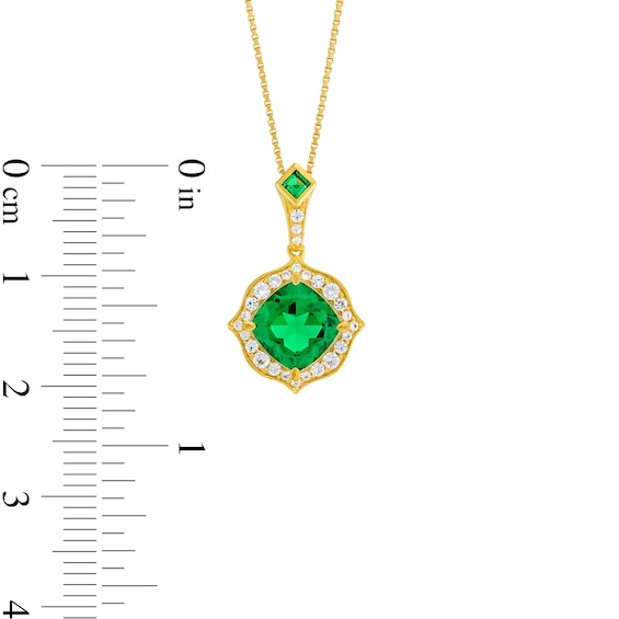 Cushion-Cut Lab-Created Emerald and 1/5 CT. T.w. Diamond Floral Drop Pendant in Sterling Silver with 14K Gold Plate