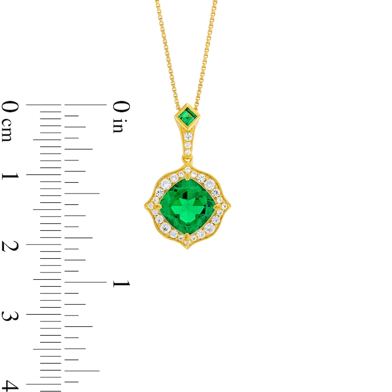 Cushion-Cut Lab-Created Emerald and 1/5 CT. T.W. Diamond Floral Drop Pendant in Sterling Silver with 14K Gold Plate