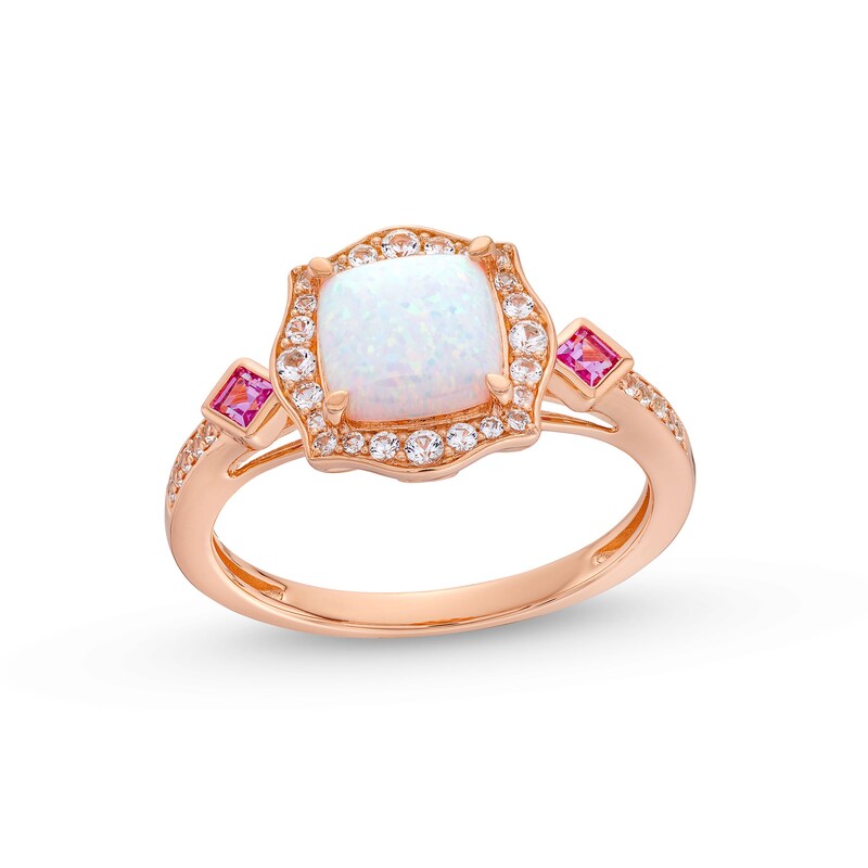 Main Image 1 of Cushion-Cut Lab-Created Opal, Pink Lab-Created Sapphire and 1/5 CT. T.W. Diamond Floral Frame Ring in 10K Rose Gold