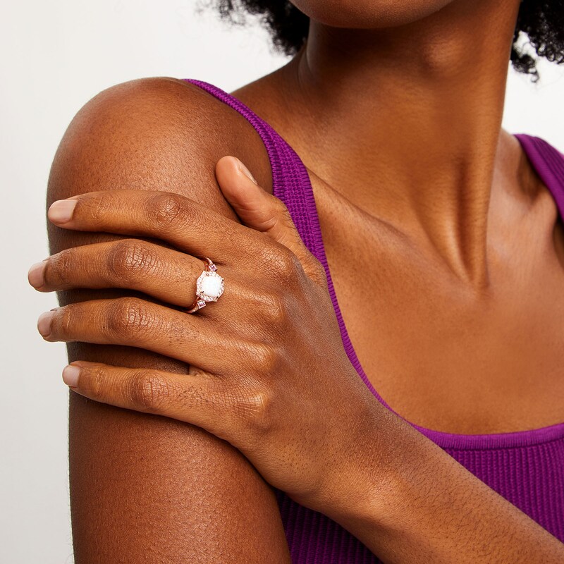 Main Image 2 of Cushion-Cut Lab-Created Opal, Pink Lab-Created Sapphire and 1/5 CT. T.W. Diamond Floral Frame Ring in 10K Rose Gold