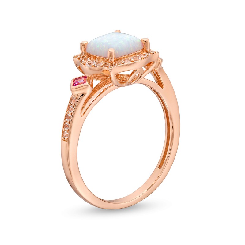 Main Image 3 of Cushion-Cut Lab-Created Opal, Pink Lab-Created Sapphire and 1/5 CT. T.W. Diamond Floral Frame Ring in 10K Rose Gold