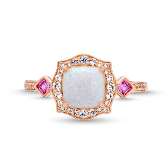 Cushion-Cut Lab-Created Opal, Pink Lab-Created Sapphire and 1/5 CT. T.w. Diamond Floral Frame Ring in 10K Rose Gold