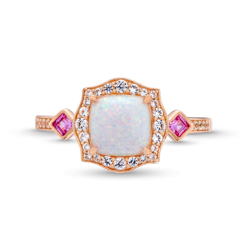 Main Image 4 of Cushion-Cut Lab-Created Opal, Pink Lab-Created Sapphire and 1/5 CT. T.W. Diamond Floral Frame Ring in 10K Rose Gold