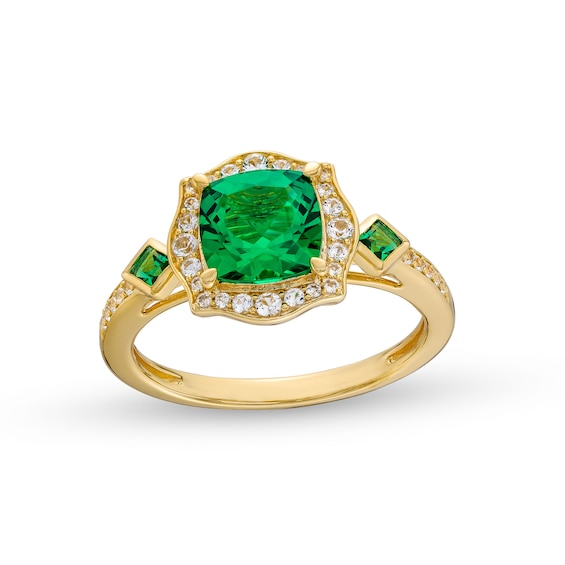 Cushion-Cut Lab-Created Emerald and 1/5 CT. T.w. Diamond Floral Frame Ring in Sterling Silver with 14K Gold Plate