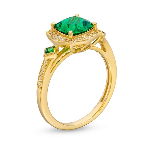 Cushion-Cut Lab-Created Emerald and 1/5 CT. T.w. Diamond Floral Frame Ring in Sterling Silver with 14K Gold Plate