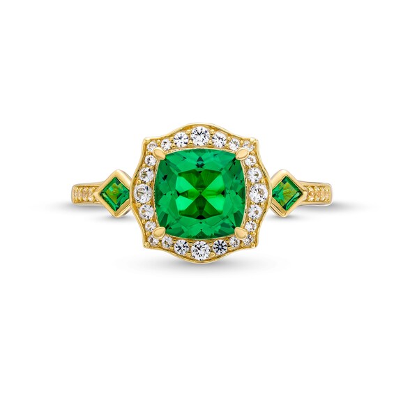 Cushion-Cut Lab-Created Emerald and 1/5 CT. T.w. Diamond Floral Frame Ring in Sterling Silver with 14K Gold Plate