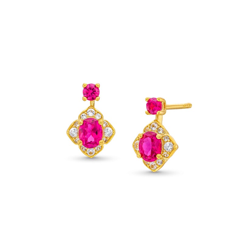Main Image 1 of Oval and Round Certified Ruby with 1/8 CT. T.W. Diamond Flower Frame Drop Earrings in 10K Gold