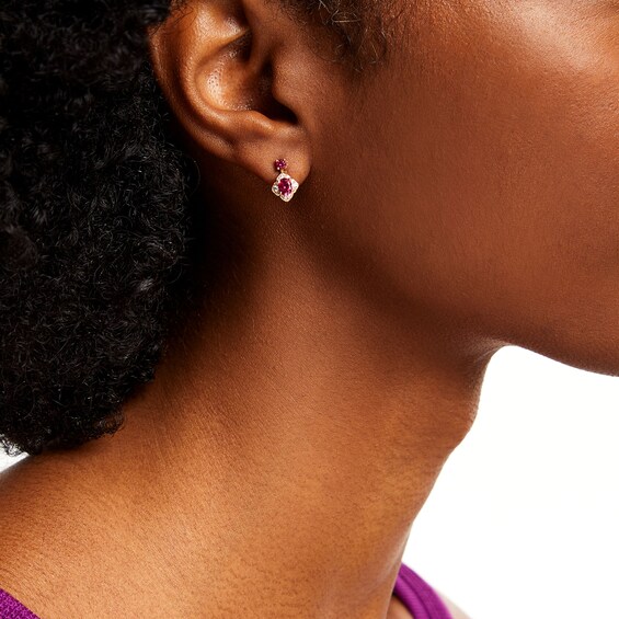 Oval and Round Certified Ruby with 1/8 CT. T.w. Diamond Flower Frame Drop Earrings in 10K Gold