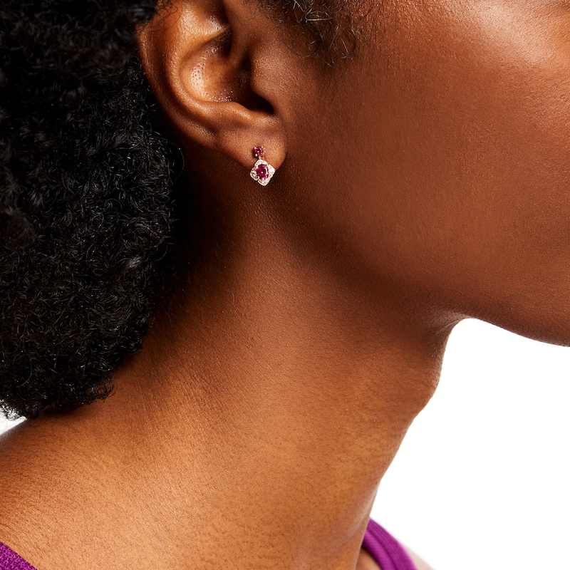 Main Image 2 of Oval and Round Certified Ruby with 1/8 CT. T.W. Diamond Flower Frame Drop Earrings in 10K Gold