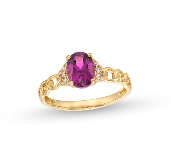Oval Rhodolite Garnet and 1/20 CT. T.w. Diamond Chain Shank Ring in 10K Gold