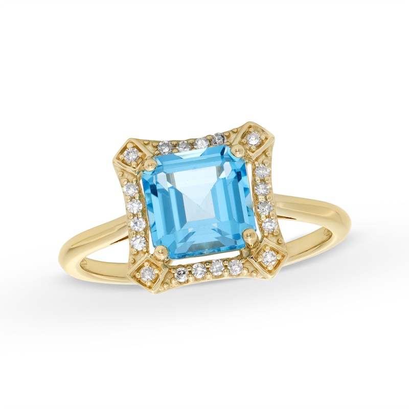 Main Image 1 of Asscher-Cut London Blue Topaz and 1/10 CT. T.W. Diamond Concave Frame Ring in 10K Gold