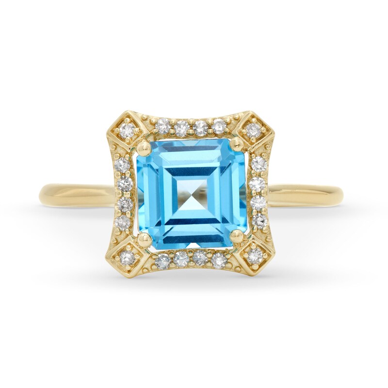Main Image 4 of Asscher-Cut London Blue Topaz and 1/10 CT. T.W. Diamond Concave Frame Ring in 10K Gold
