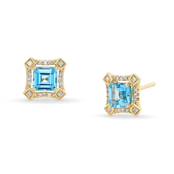 Asscher-Cut London Blue Topaz and 1/10 CT. T.w. Diamond Concave Frame Stud Earrings in 10K Gold