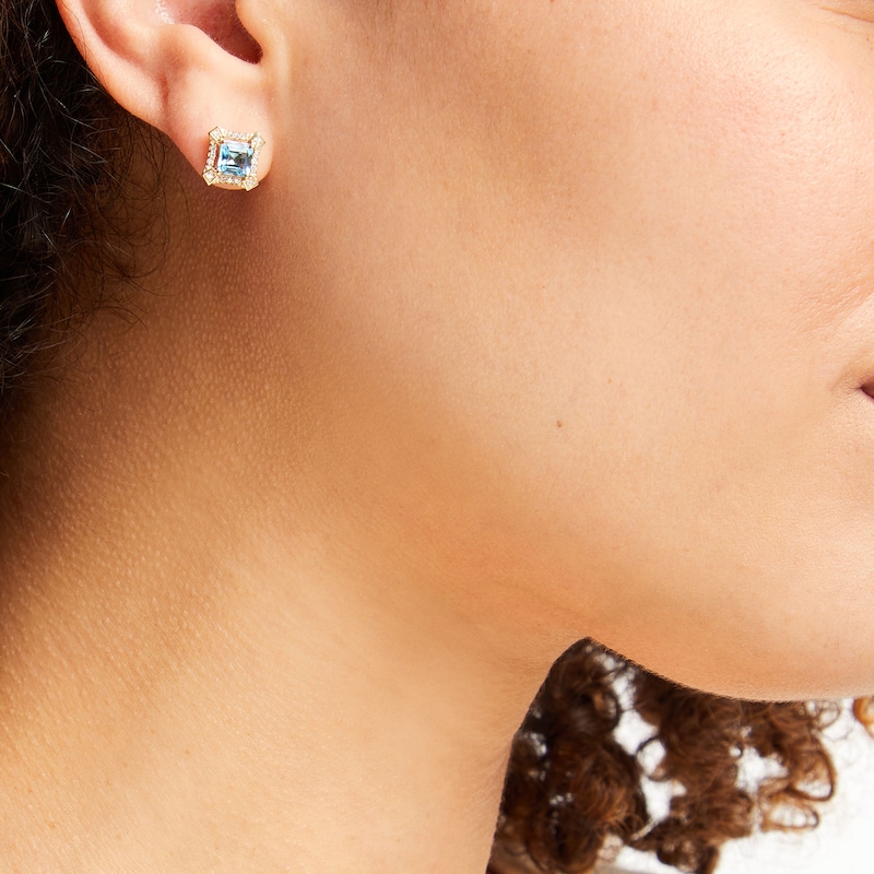 Main Image 2 of Asscher-Cut London Blue Topaz and 1/10 CT. T.W. Diamond Concave Frame Stud Earrings in 10K Gold