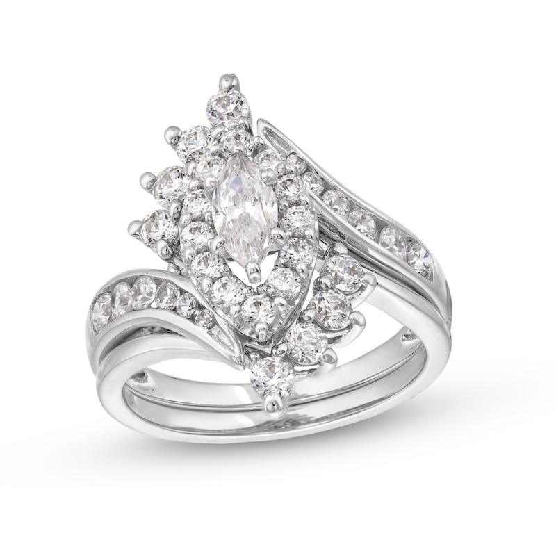 Main Image 1 of 1-1/2 CT. T.W. Marquise Diamond Shadow Frame Bypass Shank Bridal Set in 14K White Gold