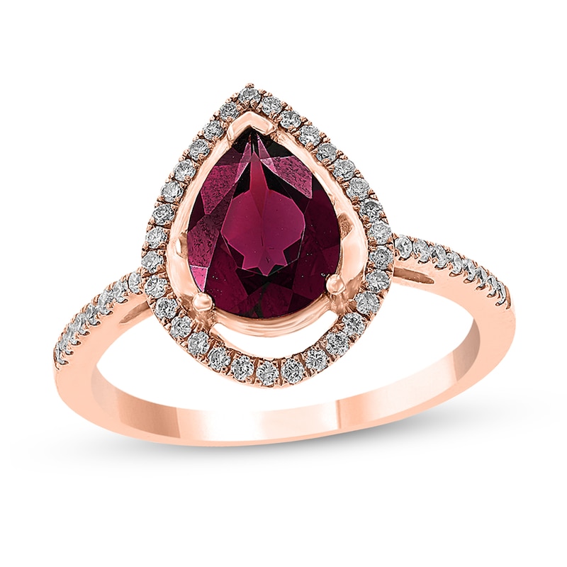 Main Image 1 of EFFY™ Collection Pear-Shaped Rhodolite Garnet and 1/4 CT. T.W. Diamond Open Frame Ring in 14K Rose Gold