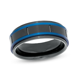 Men's 8.0mm Double Stripe Wedding Band in Tungsten with Black and Blue Ion-Plate
