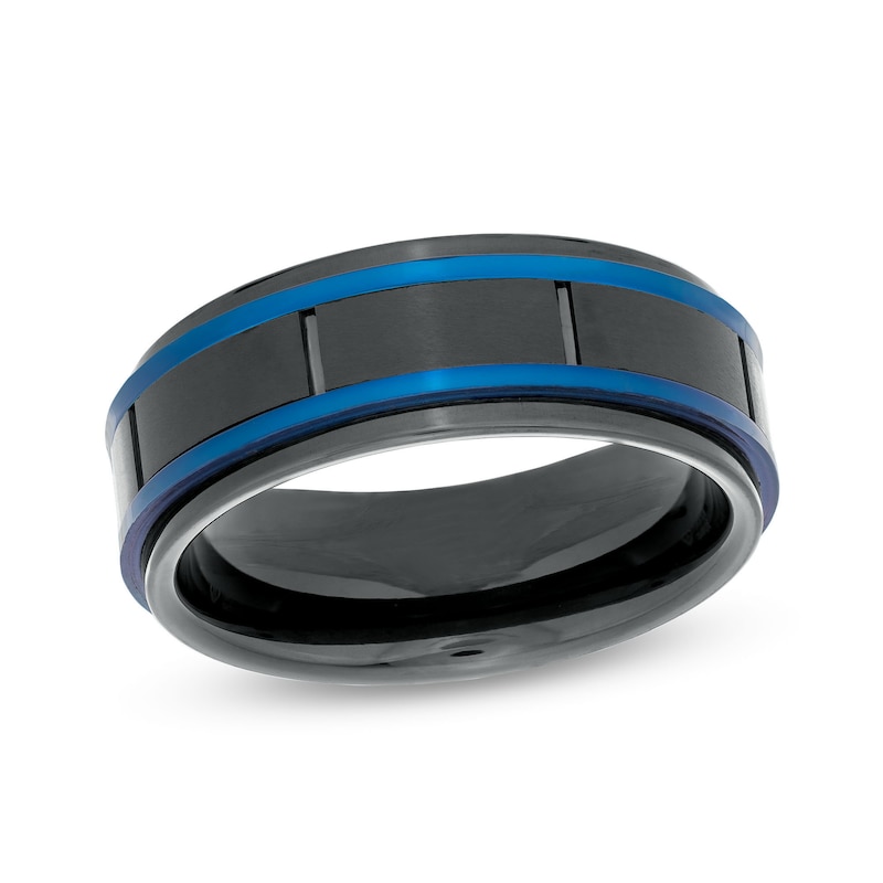 Men's 8.0mm Double Stripe Wedding Band in Tungsten with Black and Blue Ion-Plate