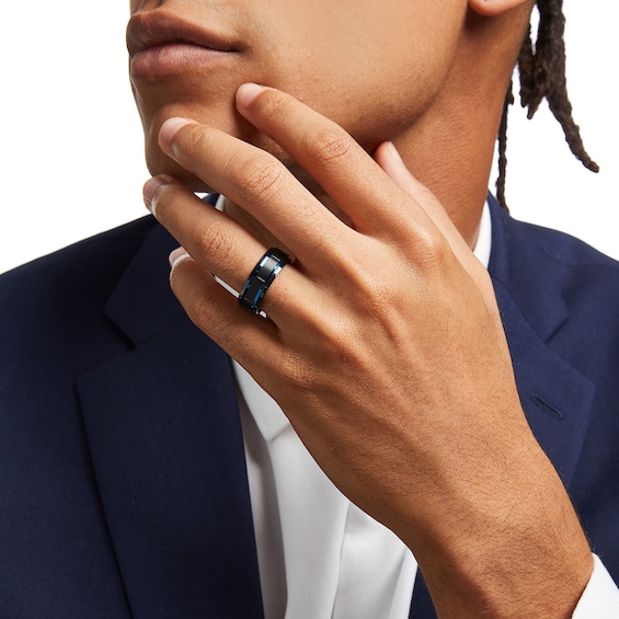 8.0mm Double Stripe Wedding Band in Tungsten with Black and Blue Ion-Plate