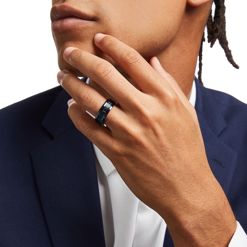 Main Image 2 of 8.0mm Double Stripe Wedding Band in Tungsten with Black and Blue Ion-Plate