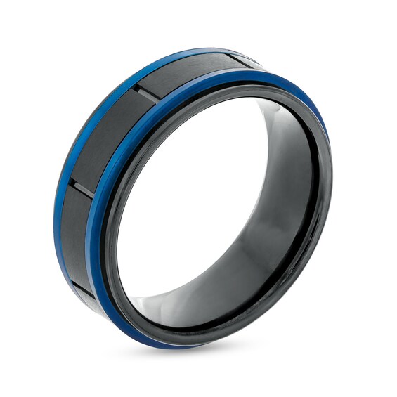 Men's 8.0mm Double Stripe Wedding Band in Tungsten with Black and Blue Ion-Plate