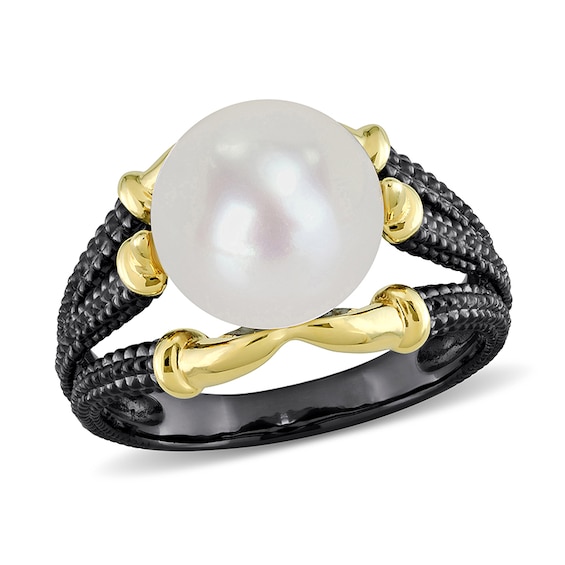 Menâs 10.5-11.0mm Cultured Freshwater Pearl Triple Row Claw Ring in Two-Tone Sterling Silver