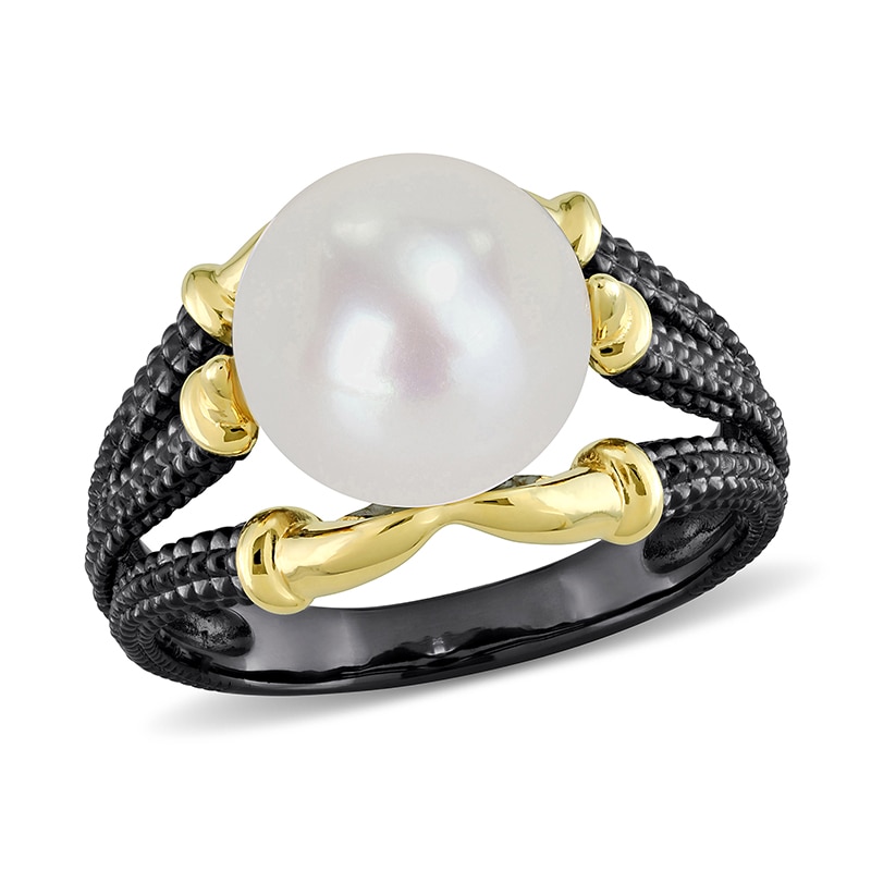 Men’s 10.5-11.0mm Freshwater Cultured Pearl Triple Row Claw Ring in Two-Tone Sterling Silver