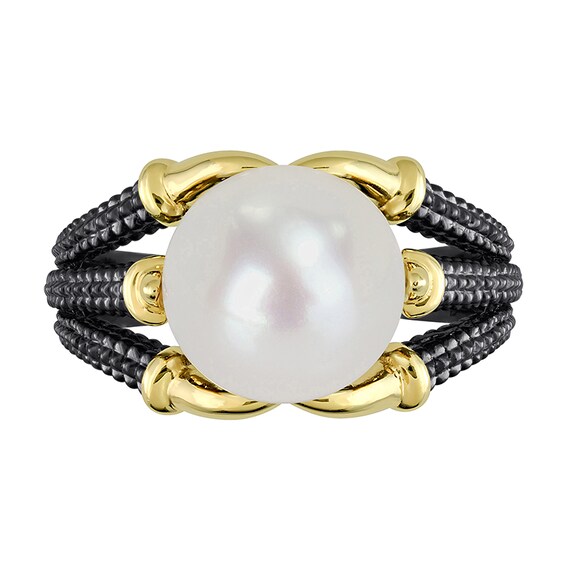Menâs 10.5-11.0mm Freshwater Cultured Pearl Triple Row Claw Ring in Two-Tone Sterling Silver
