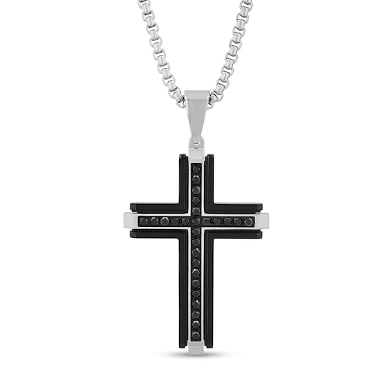 Men's 1 CT. T.w. Black Diamond Double Row Cross Pendant in Stainless Steel with Black Ion Plate - 24"