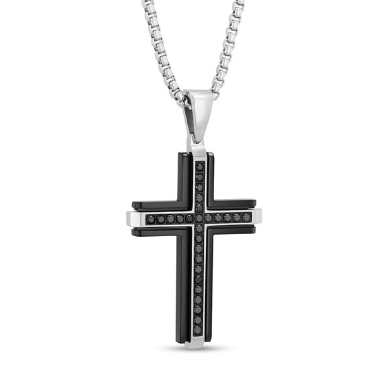 Men's 1 CT. T.w. Black Diamond Double Row Cross Pendant in Stainless Steel with Black Ion Plate - 24"