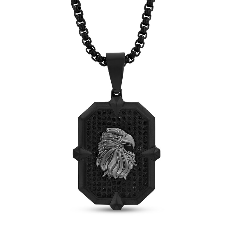 Men's 3/4 CT. T.W. Black Diamond Eagle Dog Tag Pendant in Stainless Steel with Black Ion Plate - 24"