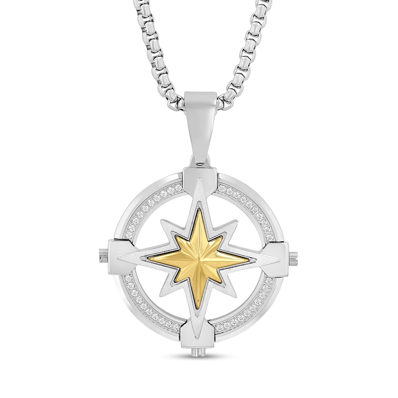 Main Image 1 of Men's 1/4 CT. T.W. Diamond Compass Pendant in Stainless Steel and Yellow Ion Plate - 24"