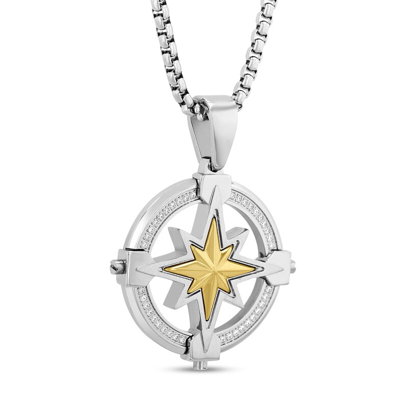 Main Image 2 of Men's 1/4 CT. T.W. Diamond Compass Pendant in Stainless Steel and Yellow Ion Plate - 24"