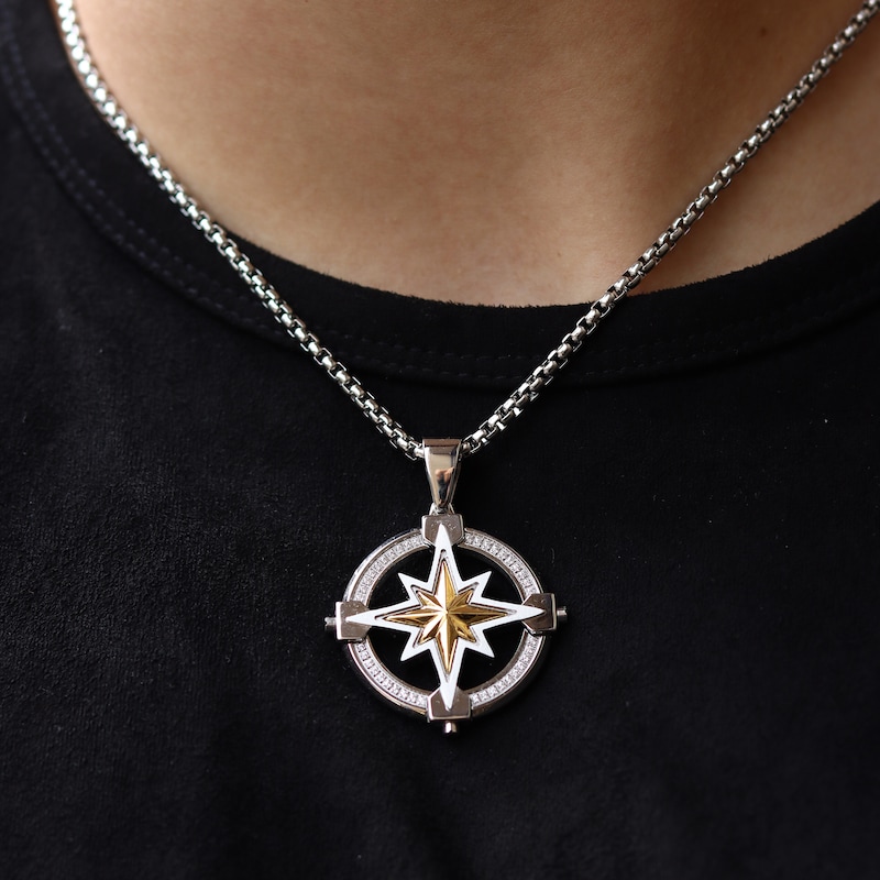 Main Image 4 of Men's 1/4 CT. T.W. Diamond Compass Pendant in Stainless Steel and Yellow Ion Plate - 24"