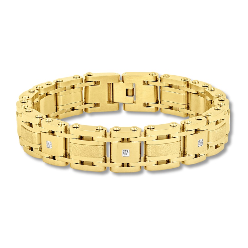 Main Image 1 of Men's 1/10 CT. T.W. Alternating Link Bracelet in Stainless Steel with Yellow Ion Plate - 8.5"