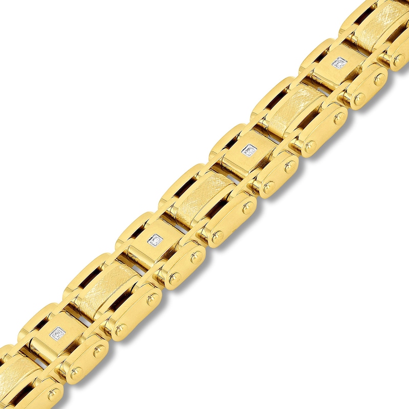 Main Image 2 of Men's 1/10 CT. T.W. Alternating Link Bracelet in Stainless Steel with Yellow Ion Plate - 8.5"
