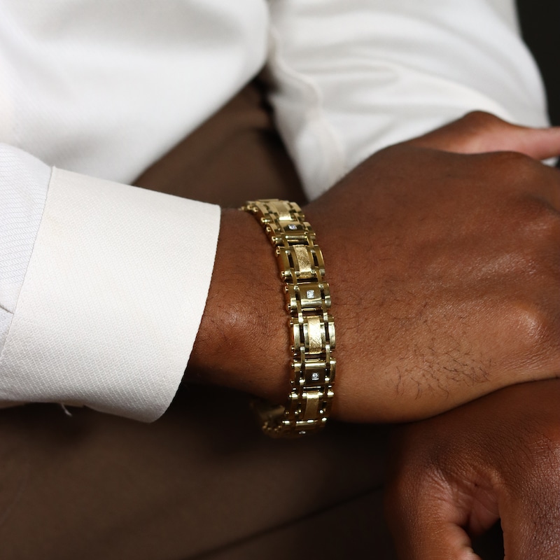 Main Image 4 of Men's 1/10 CT. T.W. Alternating Link Bracelet in Stainless Steel with Yellow Ion Plate - 8.5"