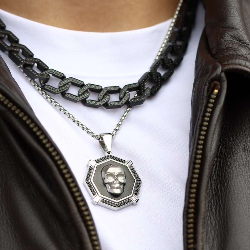 Main Image 3 of Men's 3-1/2 CT. T.W. Black Diamond Hexagon Link Chain Necklace in Stainless Steel with Black Ion Plate - 20"