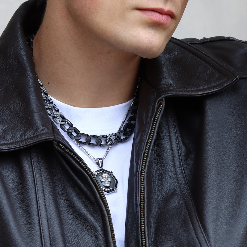 Main Image 4 of Men's 3-1/2 CT. T.W. Black Diamond Hexagon Link Chain Necklace in Stainless Steel with Black Ion Plate - 20"