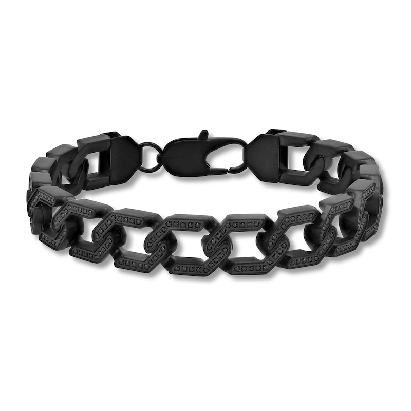 Main Image 1 of Men's 1-1/2 CT. T.W. Black Diamond Hexagon Link Chain Bracelet in Stainless Steel with Black Ion Plate - 9"