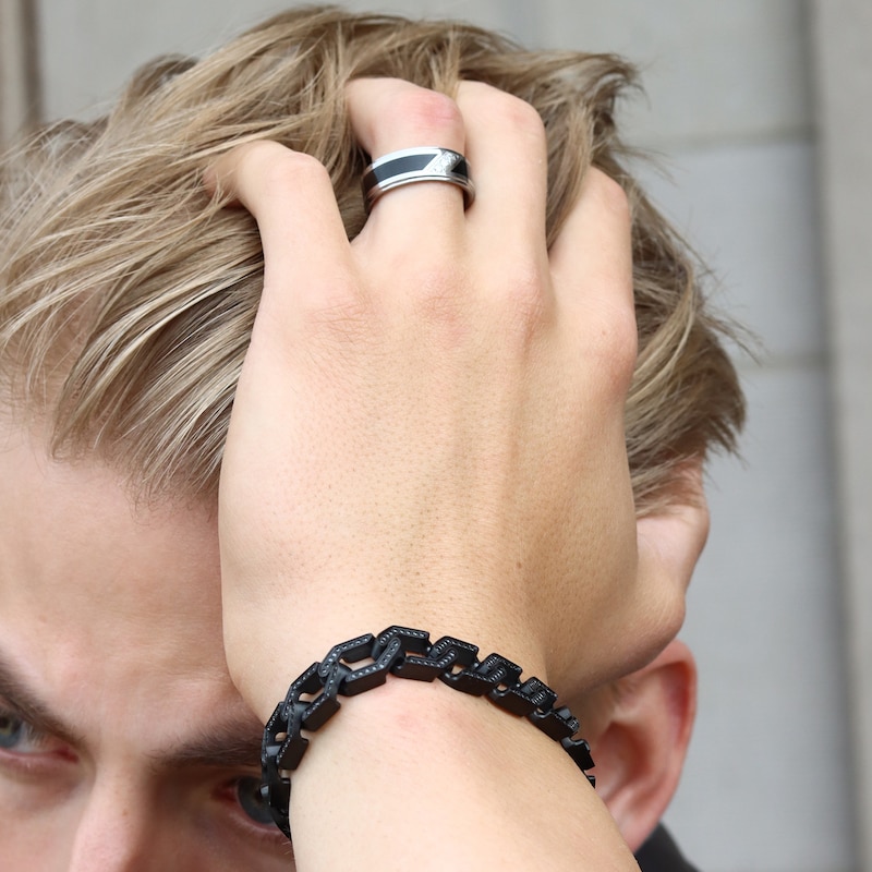 Main Image 4 of Men's 1-1/2 CT. T.W. Black Diamond Hexagon Link Chain Bracelet in Stainless Steel with Black Ion Plate - 9"