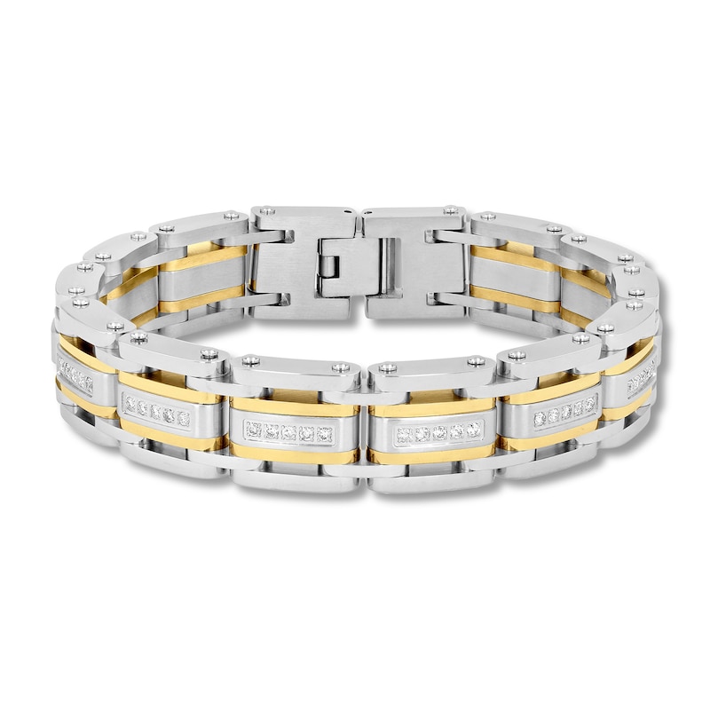 Main Image 1 of Men's 1 CT. T.W. Diamond Multi-Row Link Bracelet in Stainless Steel and Yellow Ion Plate - 8.5"