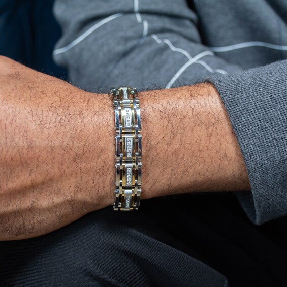 1 CT. T.w. Diamond Multi-Row Link Bracelet in Stainless Steel and Yellow Ion Plate - 8.5"