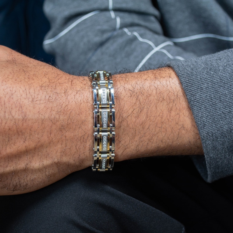 Main Image 4 of Men's 1 CT. T.W. Diamond Multi-Row Link Bracelet in Stainless Steel and Yellow Ion Plate - 8.5"