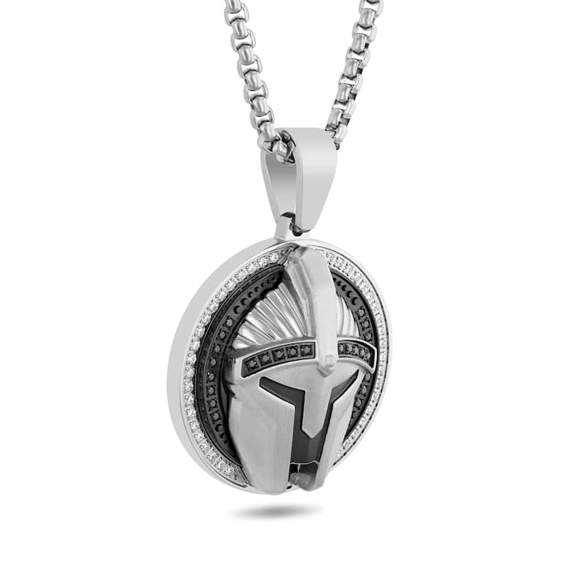 Main Image 2 of Men's 1/2 CT. T.W. Black and White Diamond Spartan Helmet Pendant in Two-Tone Stainless Steel - 24"